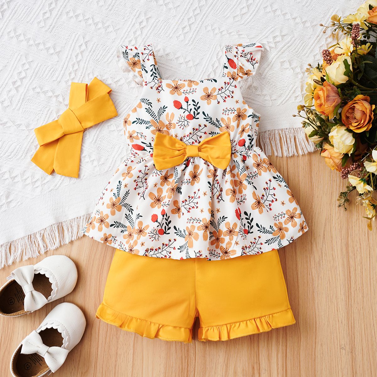 3pcs Baby Girl Floral Print Bow Decor Peplum Tank Top & 100% Cotton Shorts & Headband Set
