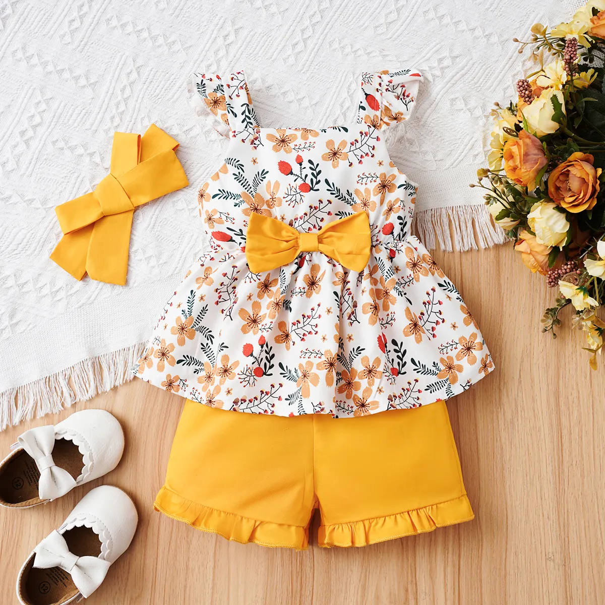 3pcs Baby Girl Floral Print Bow Decor Peplum Tank Top & 100% Cotton Shorts & Headband Set   big image 1