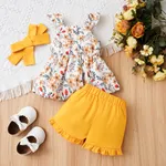 3pcs Baby Girl Floral Print Bow Decor Peplum Tank Top & 100% Cotton Shorts & Headband Set   image 3