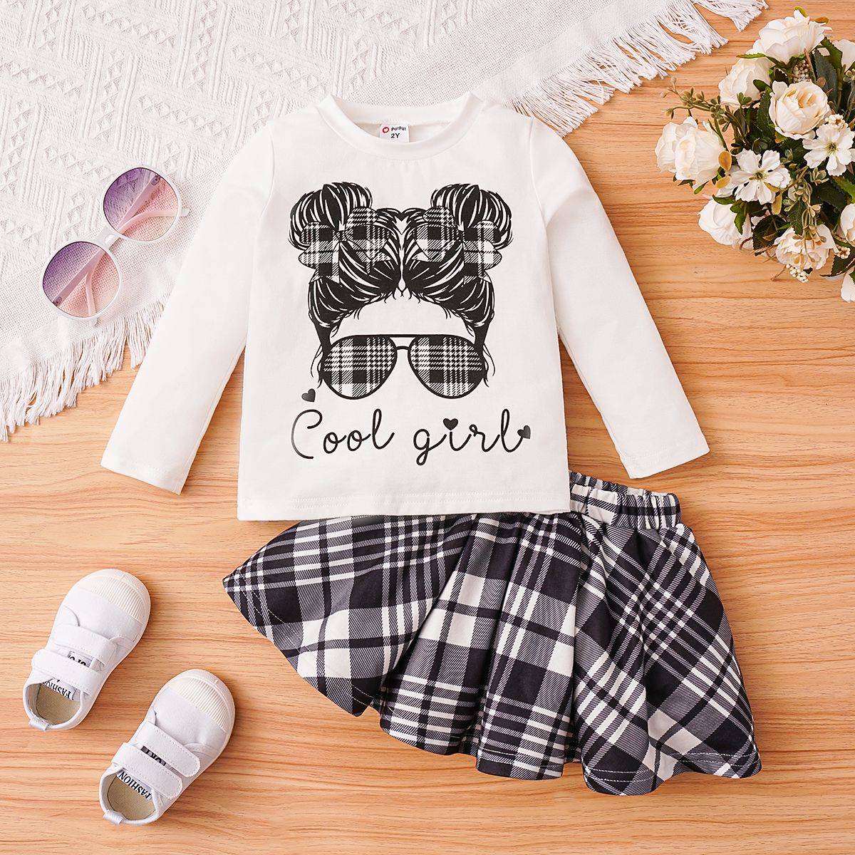2pcs Toddler Girl Figure Letters Print Long-sleeve Tee And Plaid Skirt Set