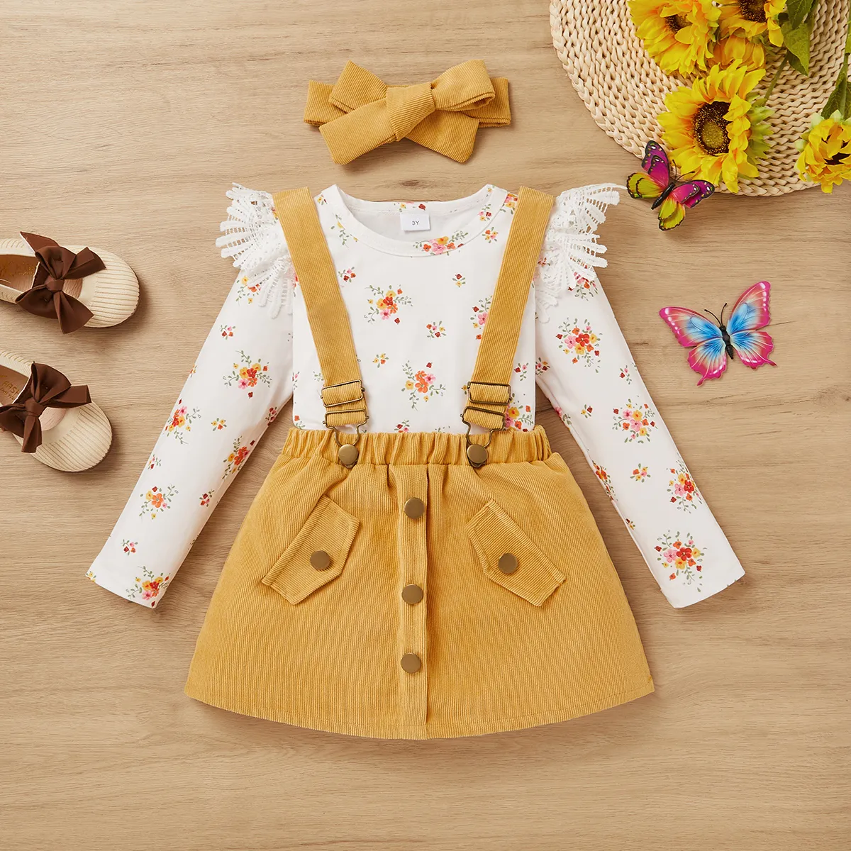 3pcs Toddler Girl Allover Floral Print Lace Trim Long-sleeve Top & Corduroy Suspender Skirt & Headba