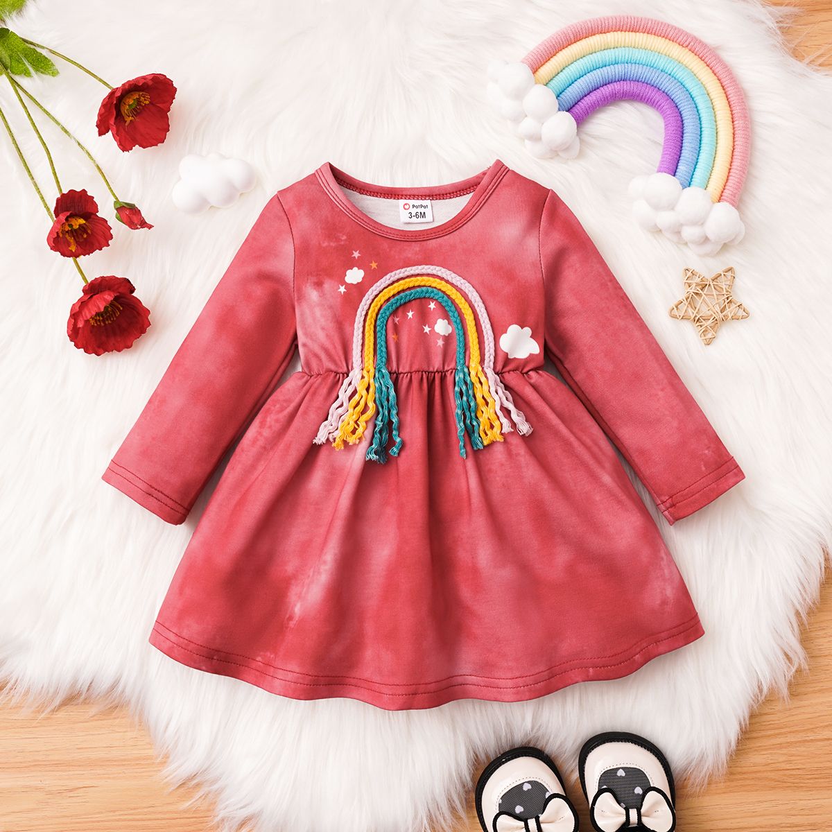Baby Girl Tie-dye Rainbow Decor Long-sleeve Dress