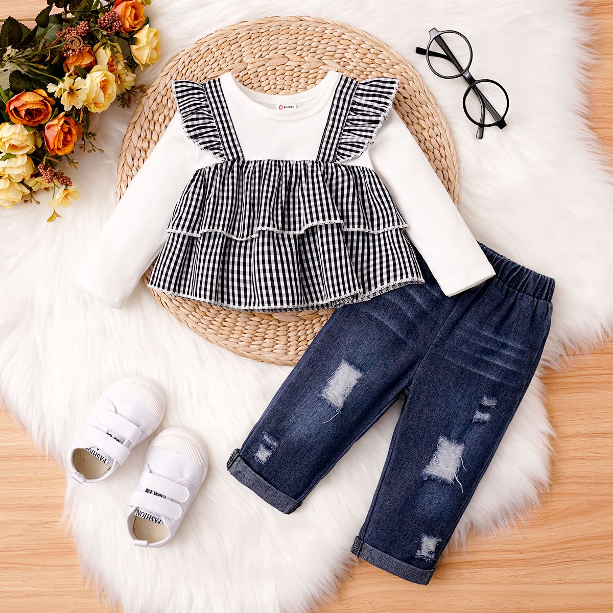 2pcs Baby Girl Ruffle Plaid Long-sleeve Top and 100% Cotton Ripped Denim  Jeans Set