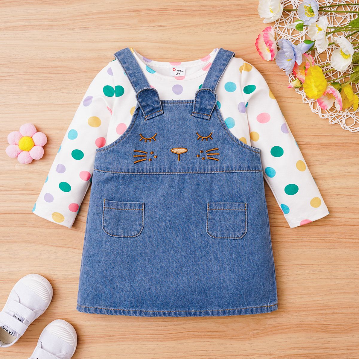 2pcs Toddler Girl Polka Dots Long-sleeve Top And 100% Cotton Denim Overall Dress Set