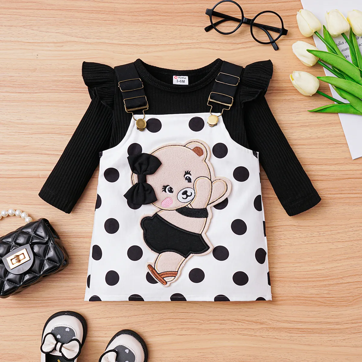 2pcs Baby Girl Bear Pattern Polka Dots Strappy Dress Et 95% Cotton Ruffle Solid Côtelé à Manches Longues Top Set