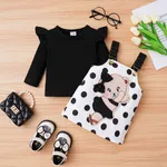 2pcs Baby Girl Bear Pattern Polka Dots Strappy Dress and 95% Cotton Ruffle Solid Ribbed Long-sleeve Top Set  image 2