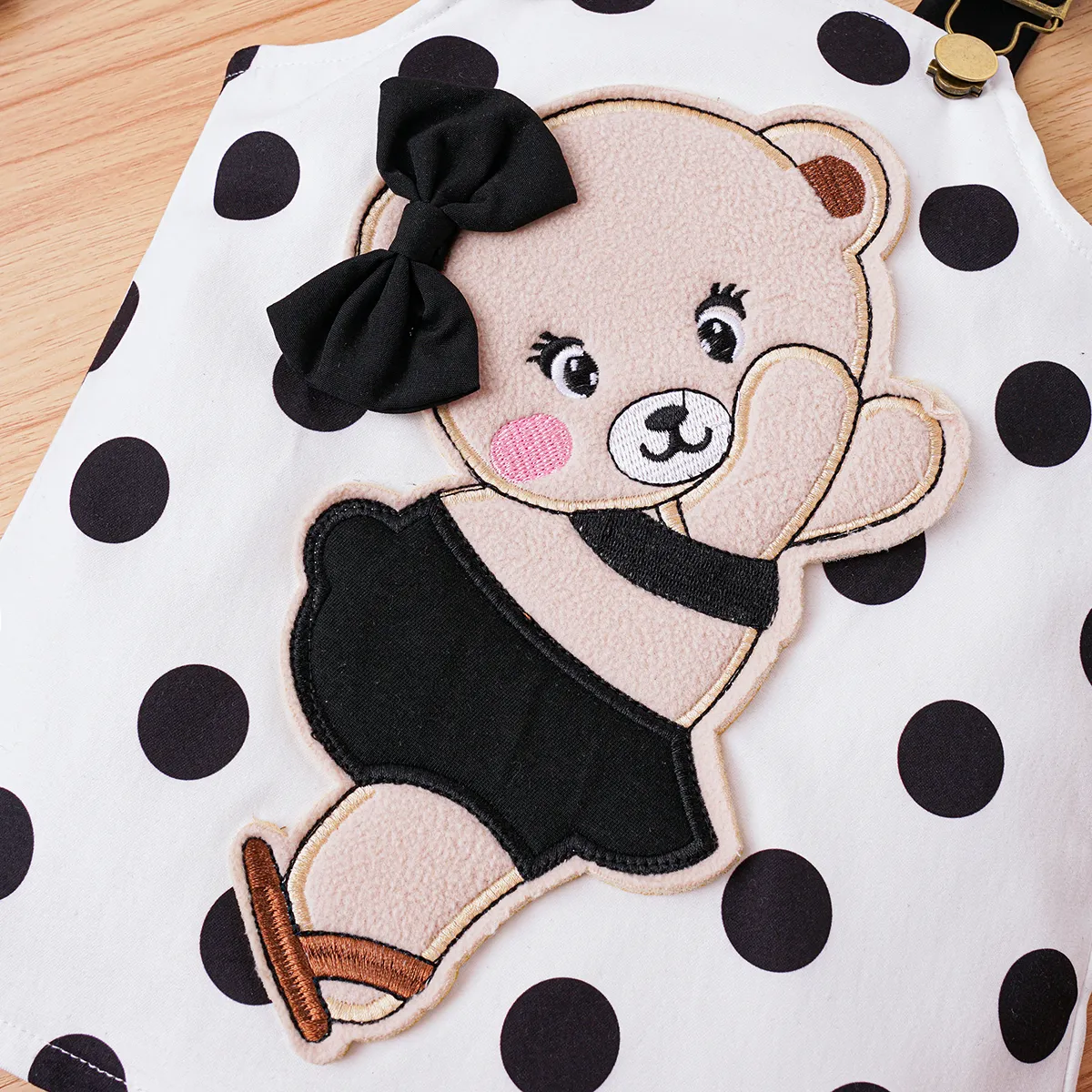 2pcs Baby Girl Bear Pattern Polka Dots Strappy Dress and 95% Cotton Ruffle Solid Ribbed Long-sleeve Top Set  image 5