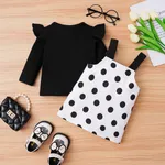 2pcs Baby Girl Bear Pattern Polka Dots Strappy Dress and 95% Cotton Ruffle Solid Ribbed Long-sleeve Top Set  image 3