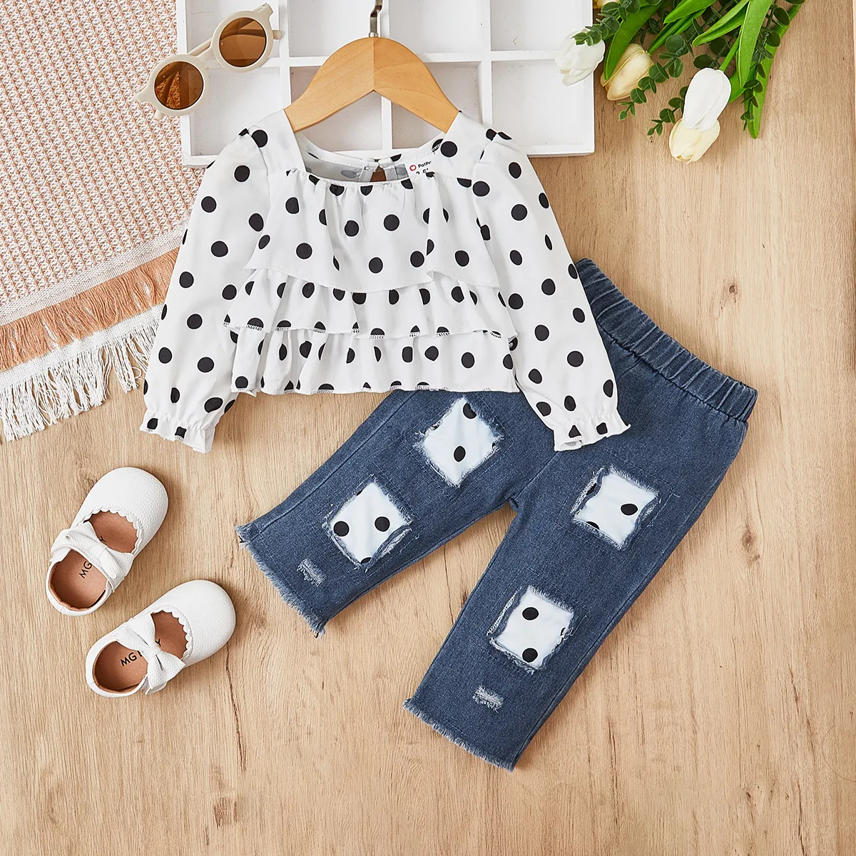 2pcs Baby Girl Allover Polka Dots Ruffle Long-sleeve Top And 100% Cotton Ripped Denim  Jeans Set