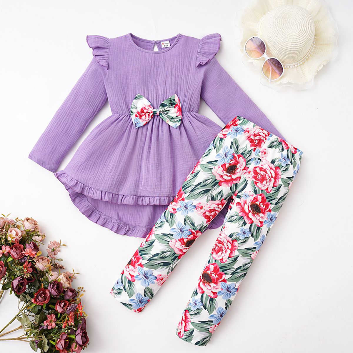 

2pcs Kid Girl 100% Cotton Bow Decor Ruffle Long-sleeve Top and Allover Floral Print Pants Set