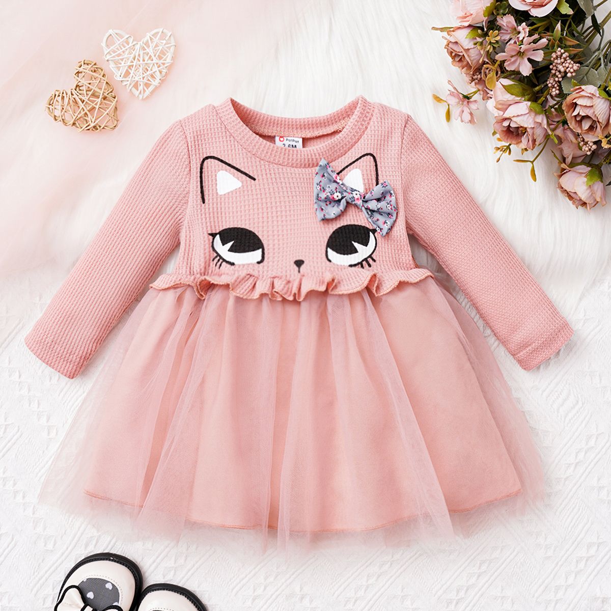 

Baby Girl Cat Embroidery Waffle Ruffle Mesh Long-sleeve Dress