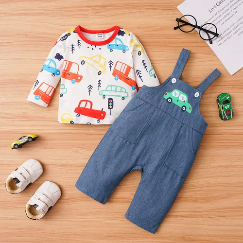 2pcs Baby Boy Allover Vehicle Print Long-sleeve Top and 100% Cotton Overalls Set
