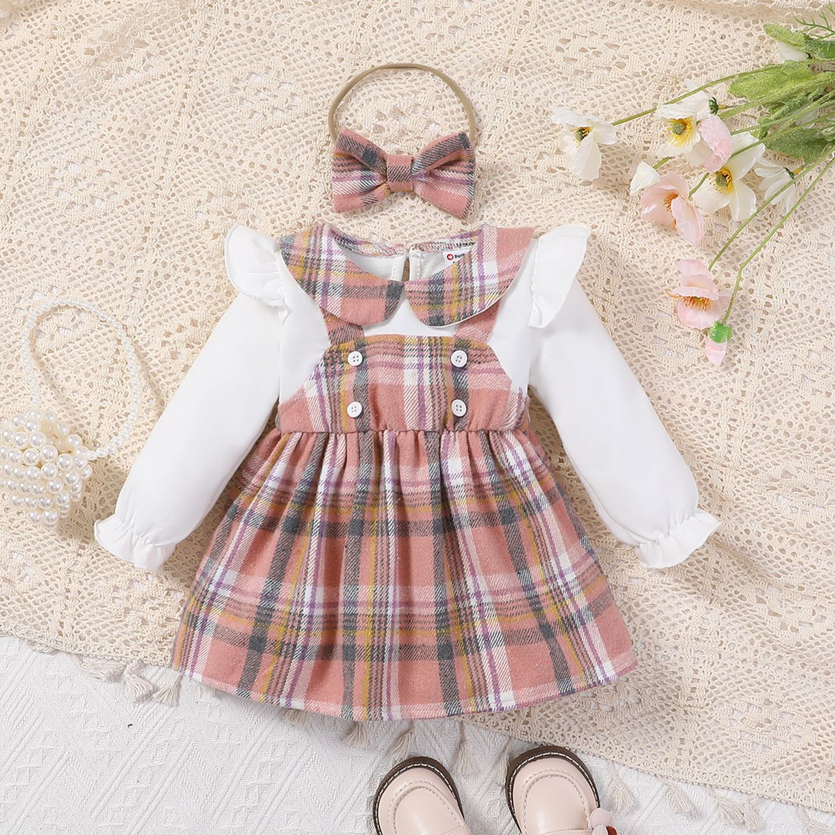 2pcs Baby Girl Sweet Plaid Long Sleeve Dress Set