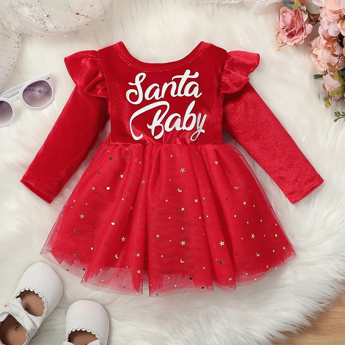 Baby Girl Sweet  Fabric Stitching Christmas Long sleeve Dress   big image 1