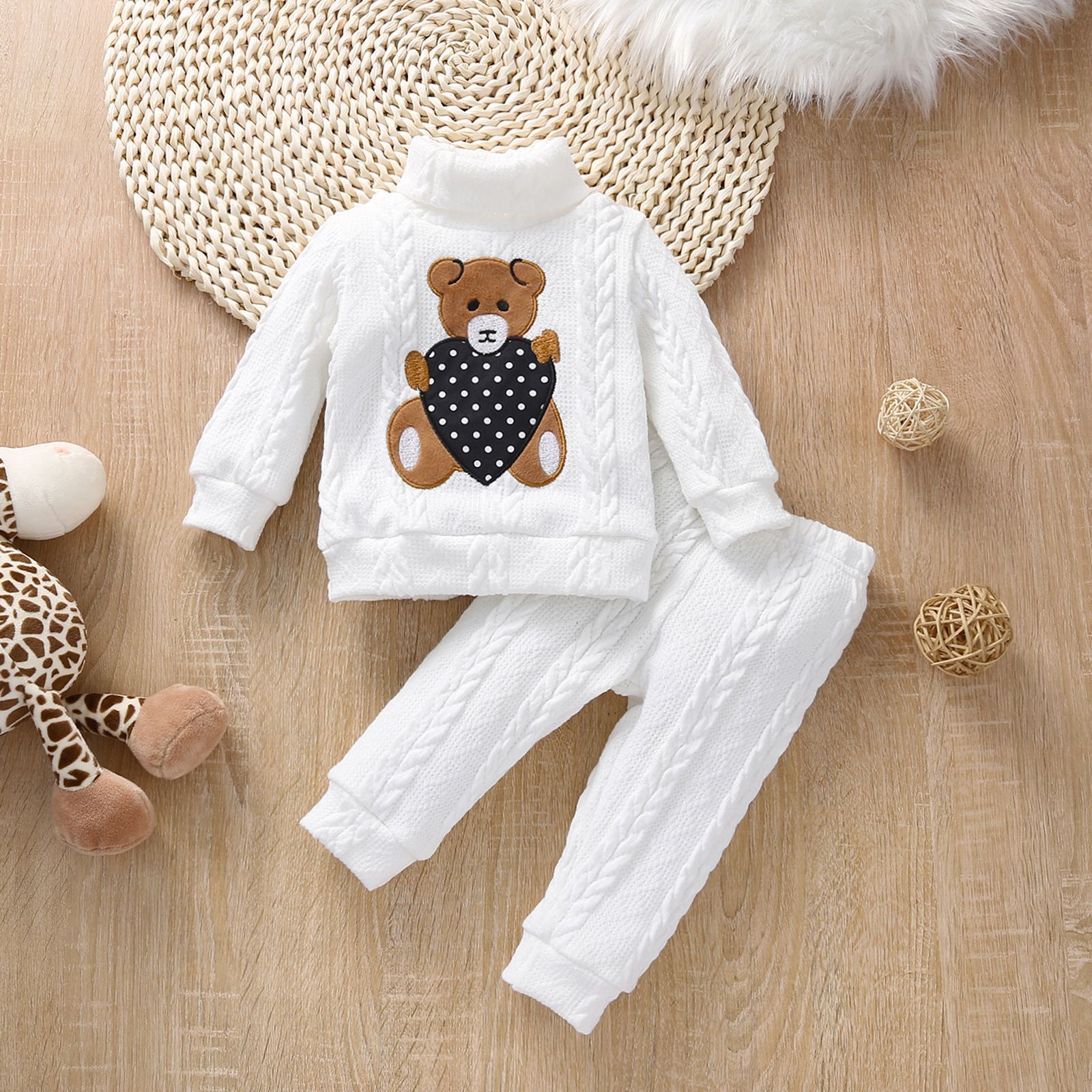 Baby Boy/Girl 2pcs Bear Applique Turtleneck Textured Sweater And Pants Set/ Sports Shoes