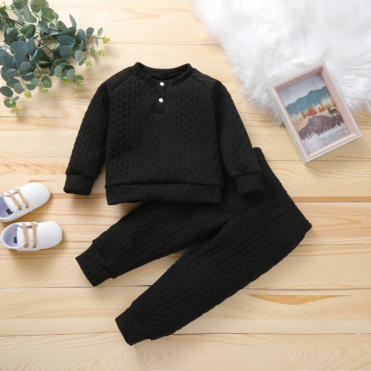 2-piece Toddler Girl/Boy Solid Ribbed Sweater and Elasticized Pants Casual Set Black big image 1