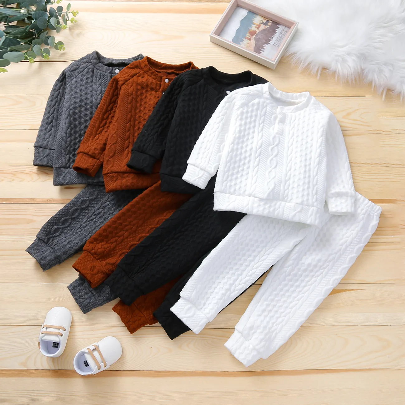 2-piece Toddler Girl/Boy Solid Ribbed Sweater and Elasticized Pants Casual Set White big image 1