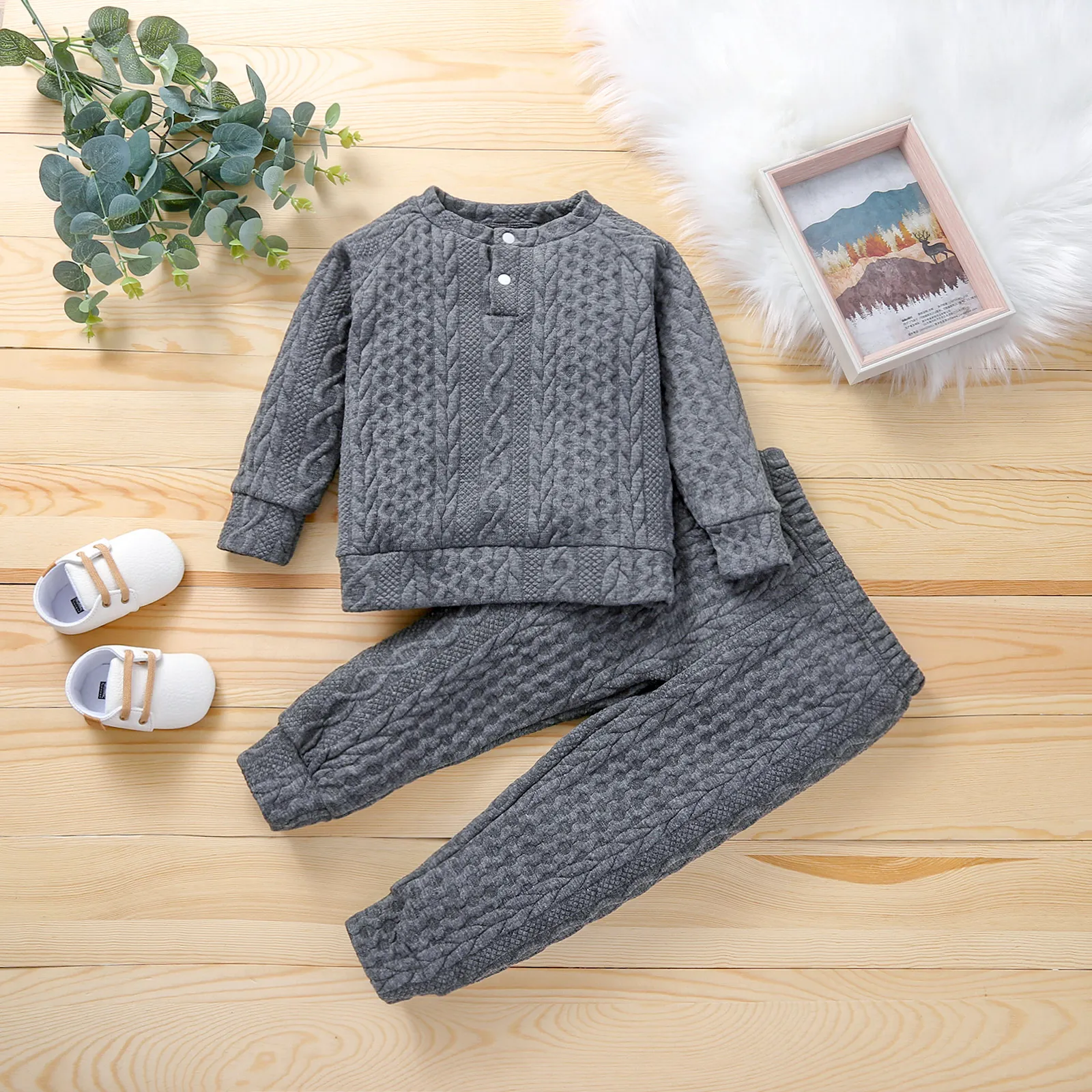 2-piece Toddler Girl/Boy Solid Ribbed Sweater and Elasticized Pants Casual Set Dark Grey big image 1