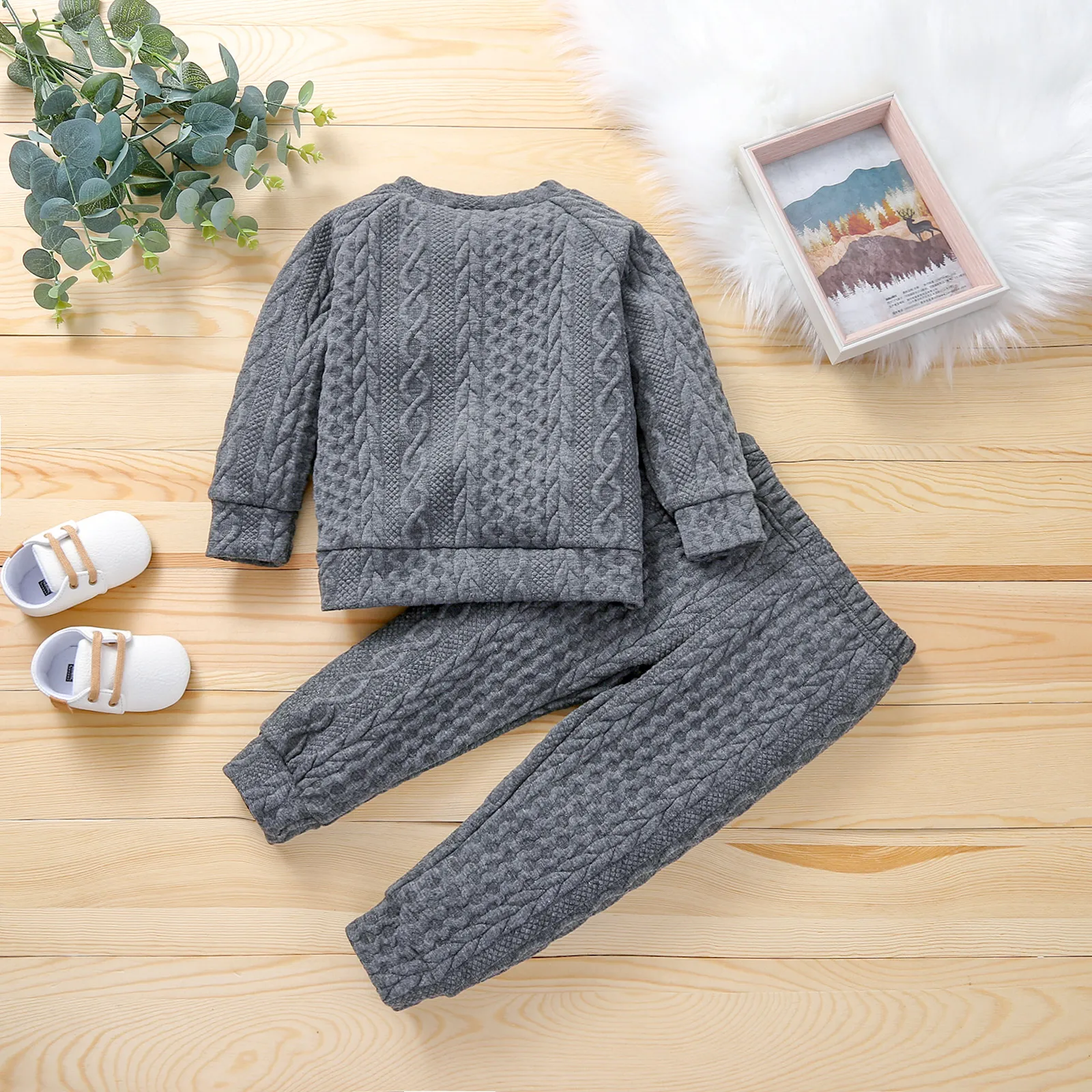 2-piece Toddler Girl/Boy Solid Ribbed Sweater and Elasticized Pants Casual Set Dark Grey image 5