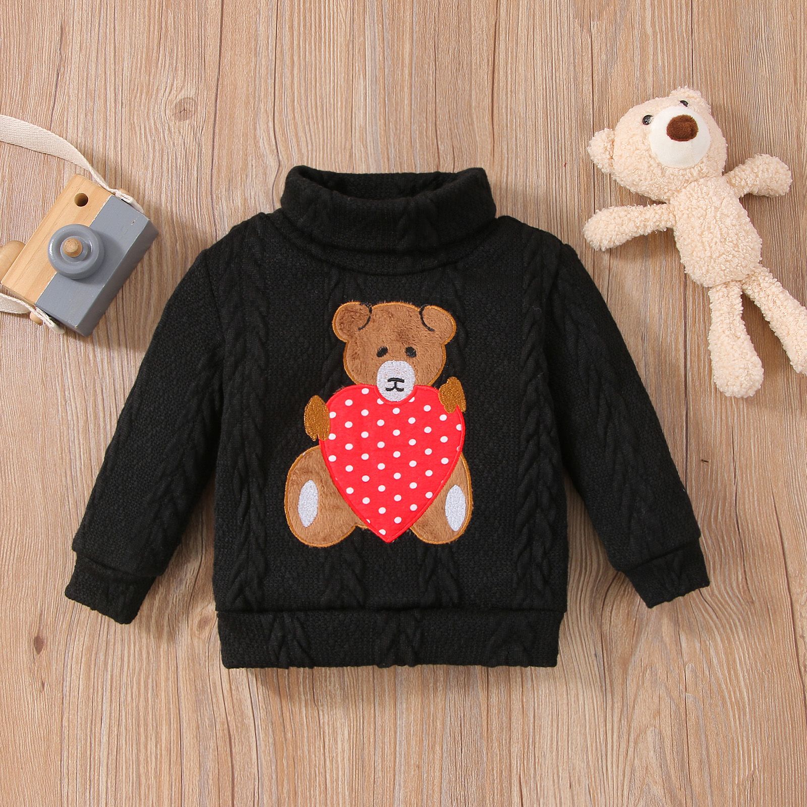 Baby Girl/Boy 95% Cotton Long-sleeve Bear Embroidered Turtleneck Cable Knit Sweater