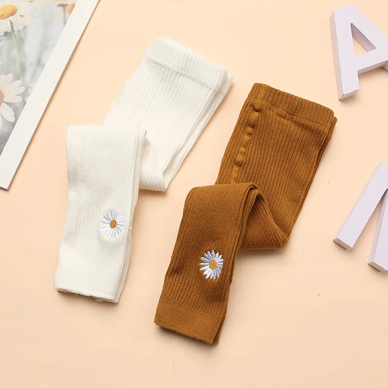 leggings côtelés de couleur pure brodés de marguerites pour bébés / tout-petits Blanc big image 1