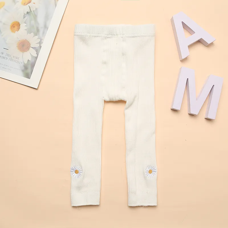 Baby / Toddler Daisy Embroidery Pure Color Ribbed Leggings White big image 1