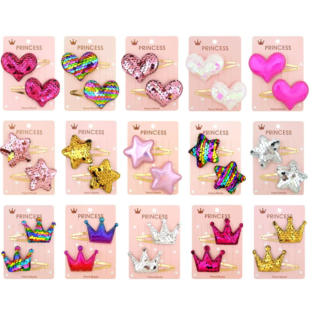 Paquete de 10 para niños pequeños / niñas Sequin Pentagram Love Crown Clip para el cabello Color-A big image 1