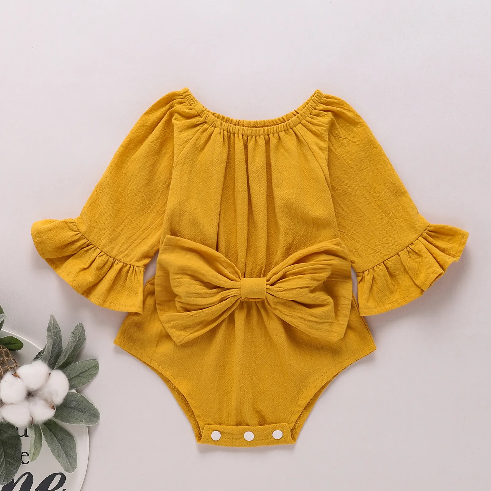 100% cotton solid bowknot decor long-sleeve baby romper