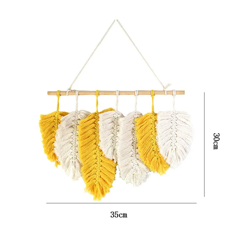 

Feather Macrame Wall Hanging Woven Tapestry Handmade Yellow Wheat Leaf Tassel Boho Wall Art Decor Home Decor