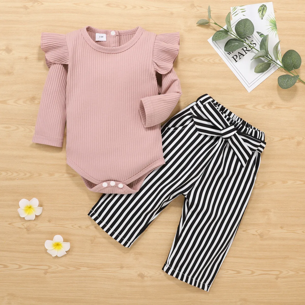 2pcs Ribbed Stripe Print Ruffle Decor Long-sleeve Baby Set  big image 1