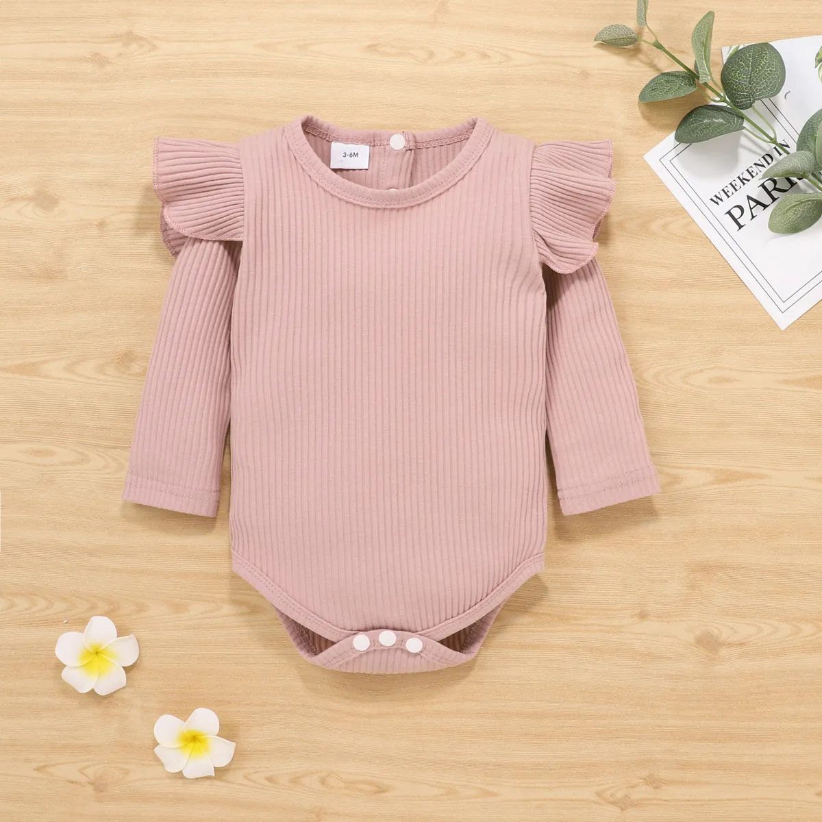 2pcs Ribbed Stripe Print Ruffle Decor Long-sleeve Baby Set  image 2