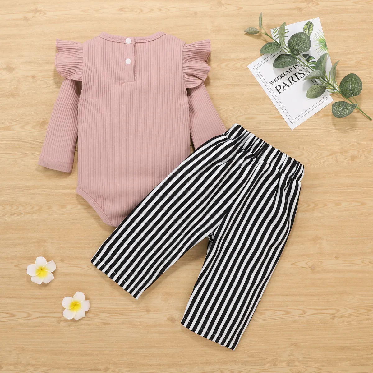 2pcs Ribbed Stripe Print Ruffle Decor Long-sleeve Baby Set Dark Pink big image 1