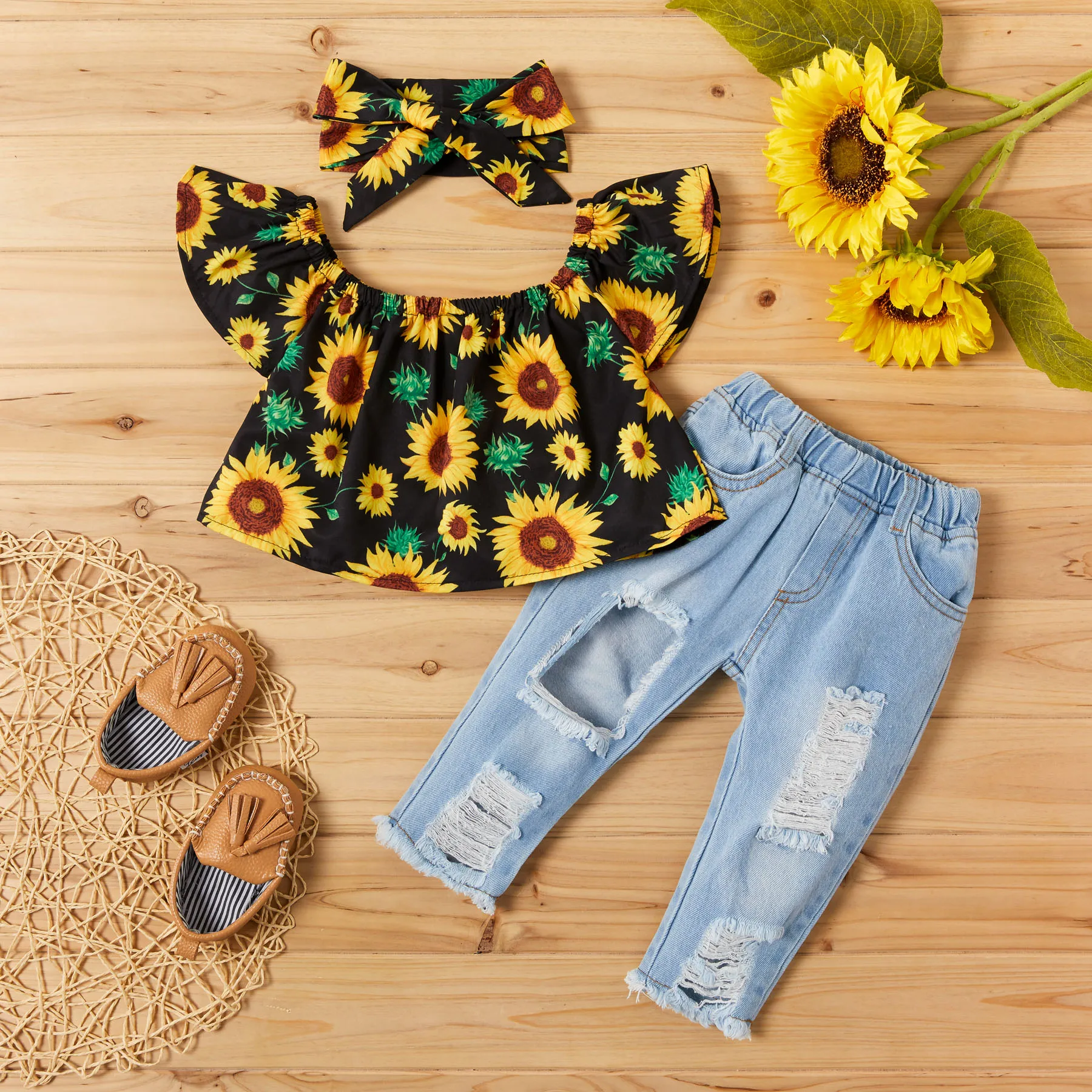 3pcs Sunflower Print Short-sleeve Baby Set  image 1