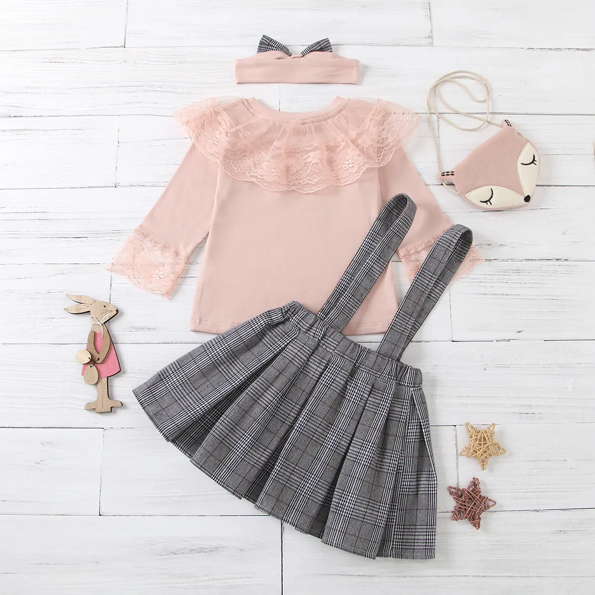 3-piece Baby / Toddler Lace Top and Bow Plaid Strap Skirt Set Pink big image 1