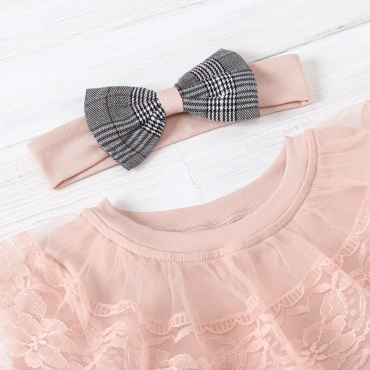 3-piece Baby / Toddler Lace Top and Bow Plaid Strap Skirt Set Pink big image 1