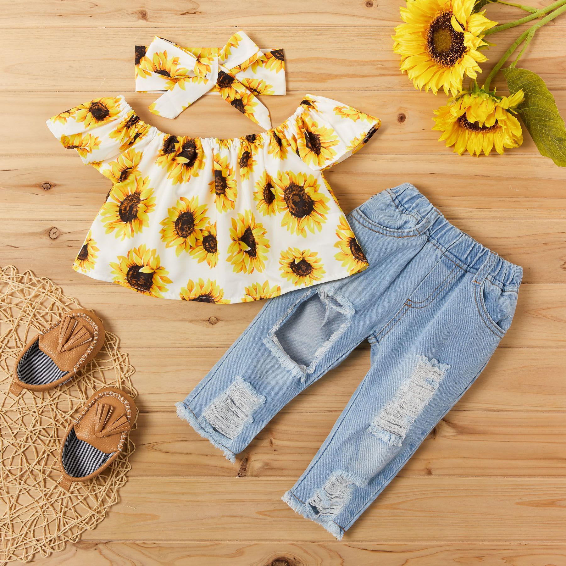 Baby Girl 3pcs Sweet Off-Shoulder Tee And Denim Jeans And Heandband Set