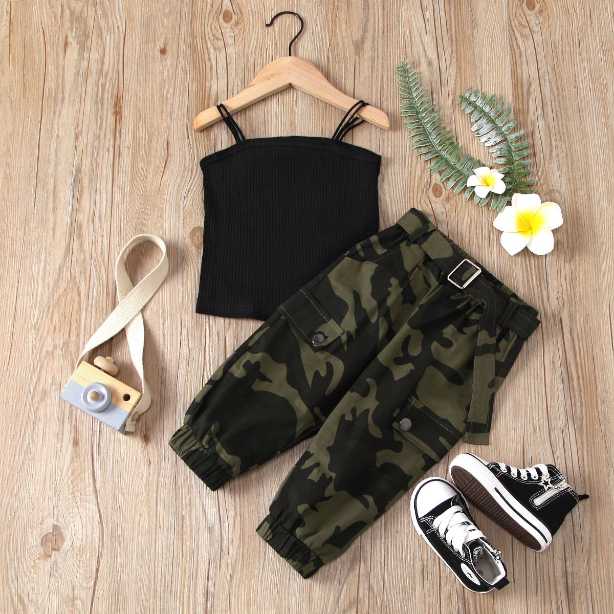 

2-piece Toddler Girl Black Camisole and Camouflage Pants Set