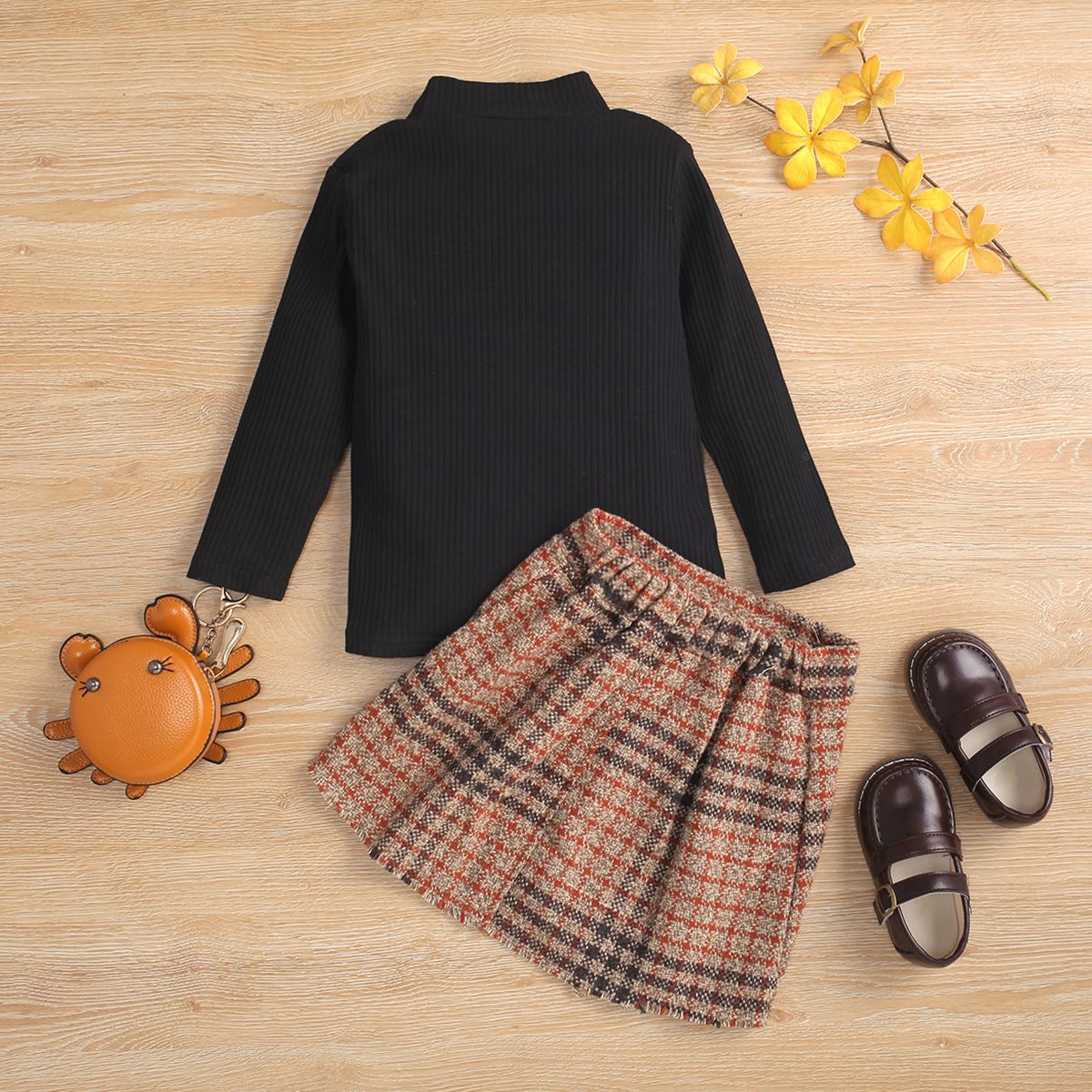 

2-piece Toddler Girl Mock Neck Ribbed Long-sleeve Black Top and Button Design Plaid Skirt Set