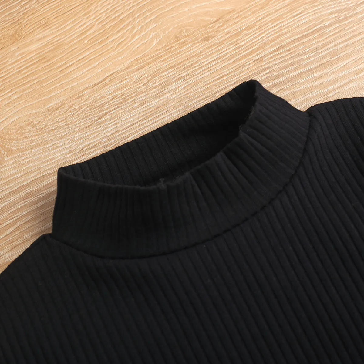 2-piece Toddler Girl Mock Neck Ribbed Long-sleeve Black Top and Button Design Plaid Skirt Set Black big image 1