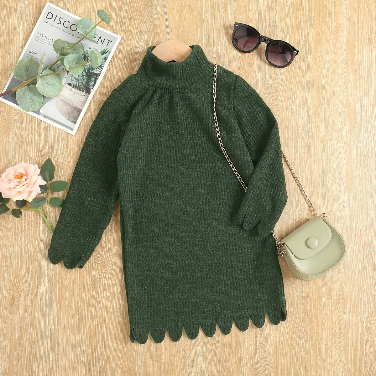 

Toddler Girl Turtleneck Solid Color Scallop Trim Ribbed Long-sleeve Sweater Dress