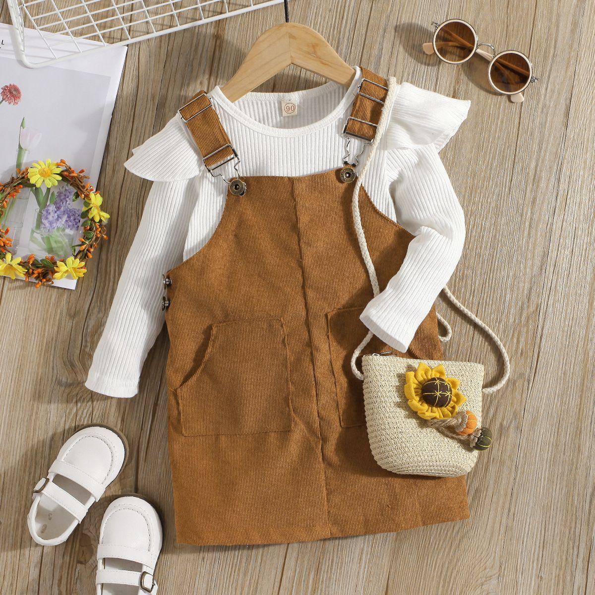 

2pcs Toddler Girl Sweet Ruffled Ribbed Cotton Tee and Adjustable Corduroy Overall Dress Set