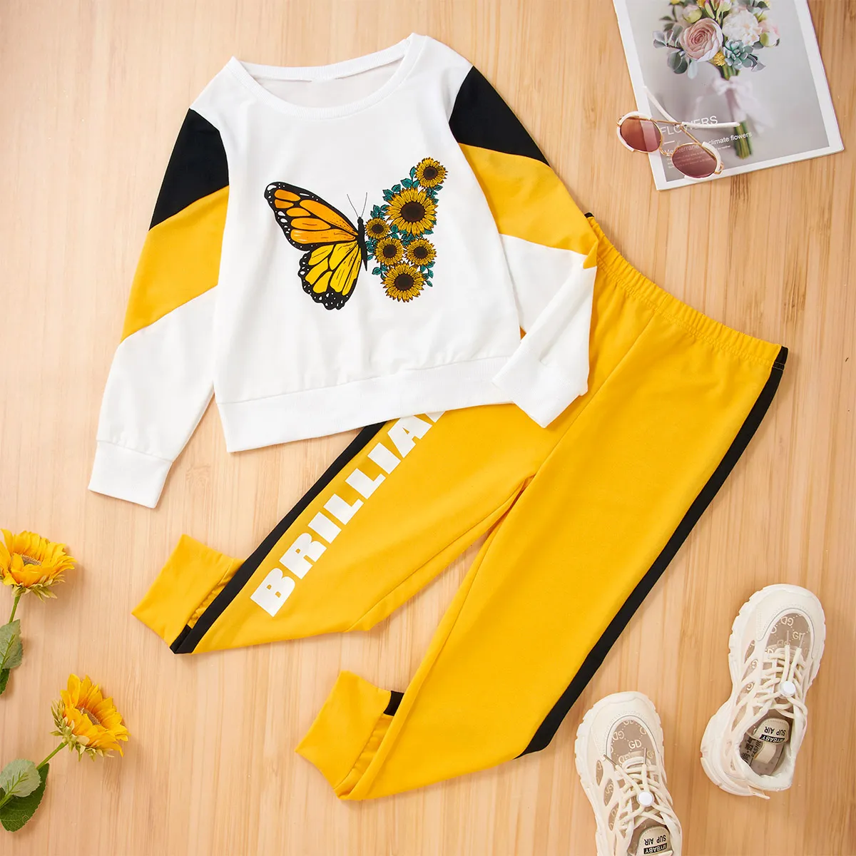 2-piece Kid Girl Butterfly Print Colorblock Pullover and Letter Print Pants Casual Set Yellow big image 1