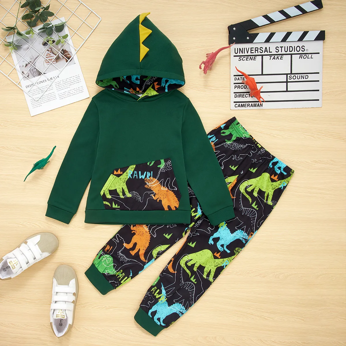 2-piece Kid Boy Animal Dinosaur Print Hoodie Sweatshirt and Pants Casual Set  big image 1