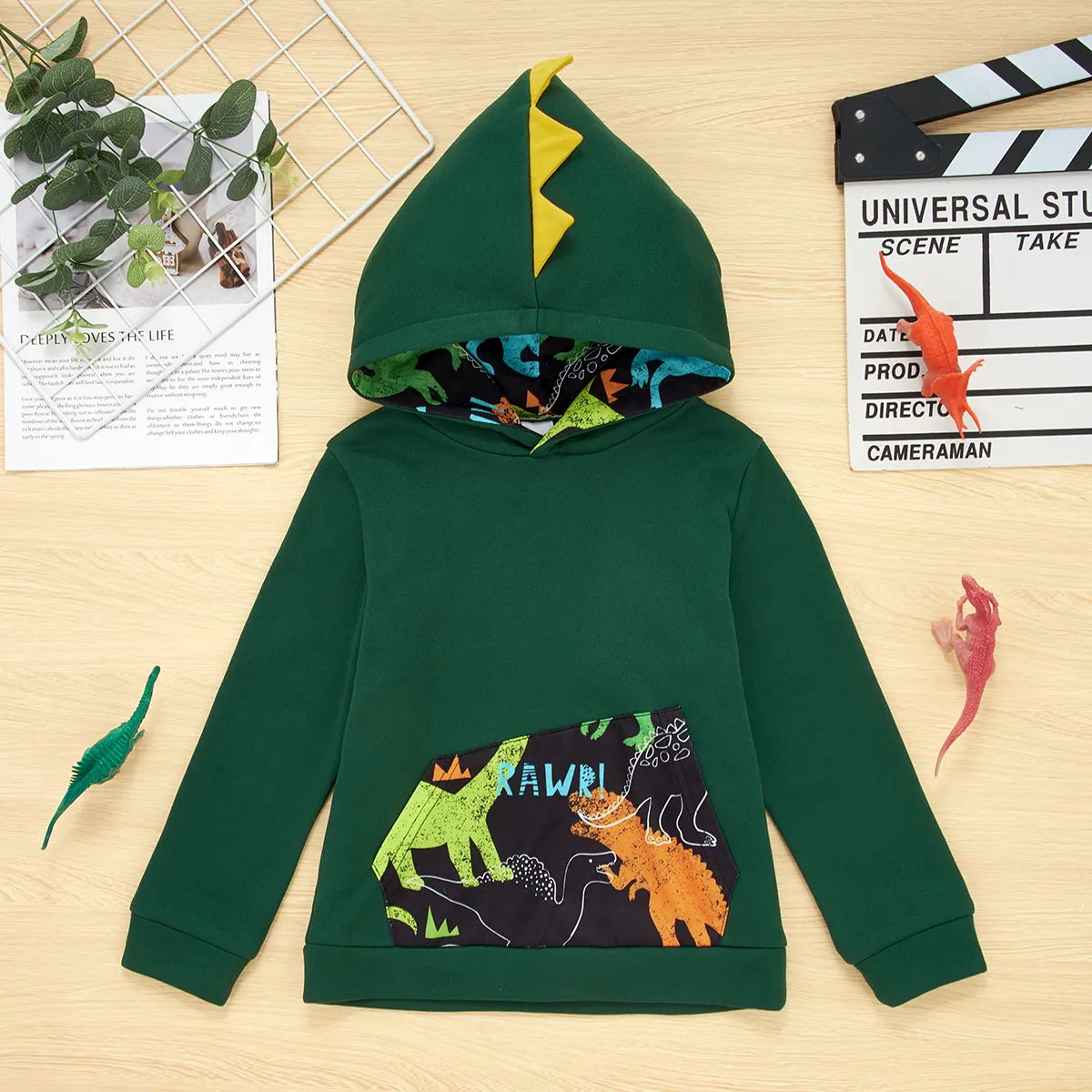 2-piece Kid Boy Animal Dinosaur Print Hoodie Sweatshirt and Pants Casual Set Green big image 1