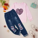 2-piece Kid Girl Leopard Heart Print Black Pullover Sweatshirt and Patchwork Ripped Jeans Denim Pants Set Pink