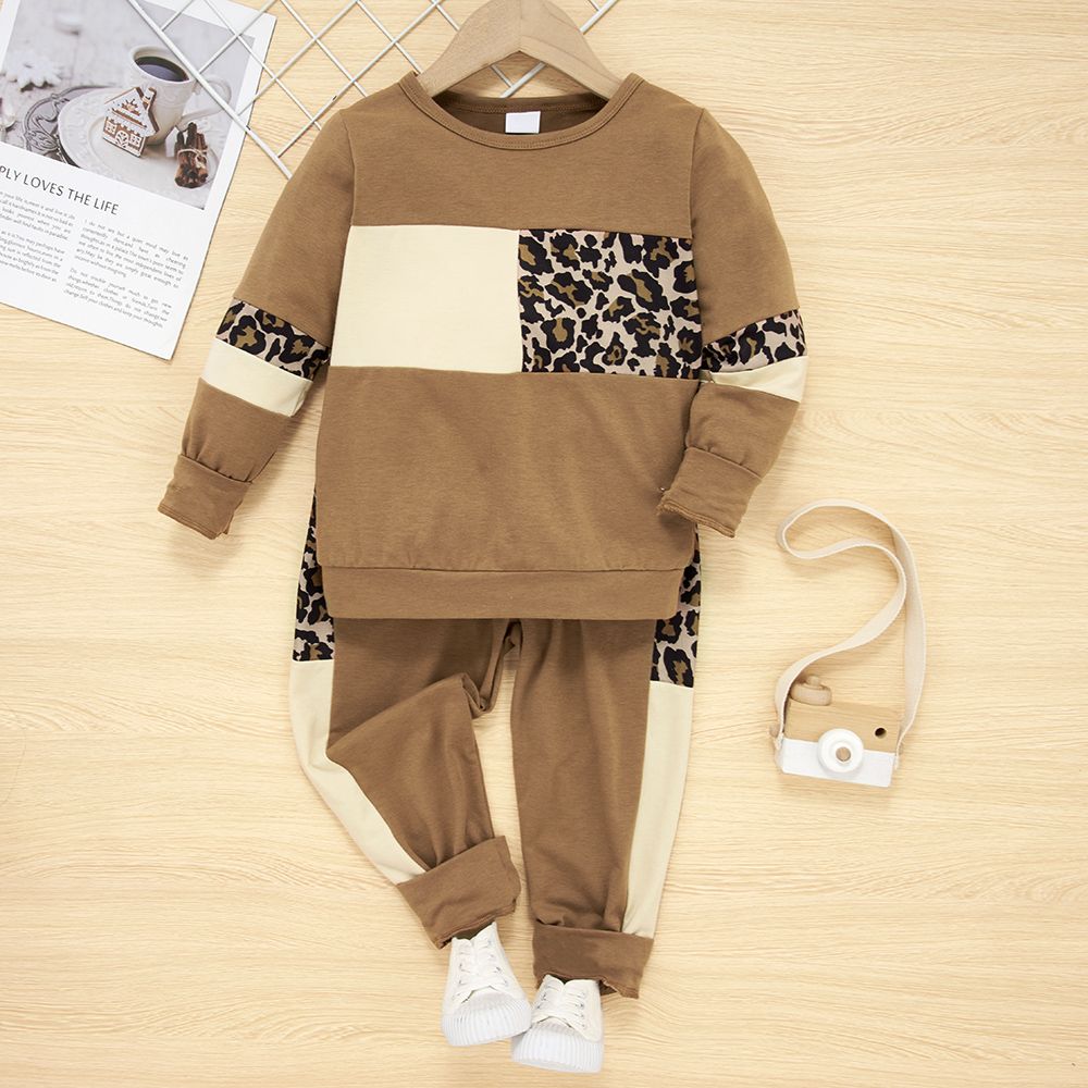 

2-piece Baby / Toddler Girl Splice Colorblock Leopard Print Long-sleeve Pullover and Pants Set