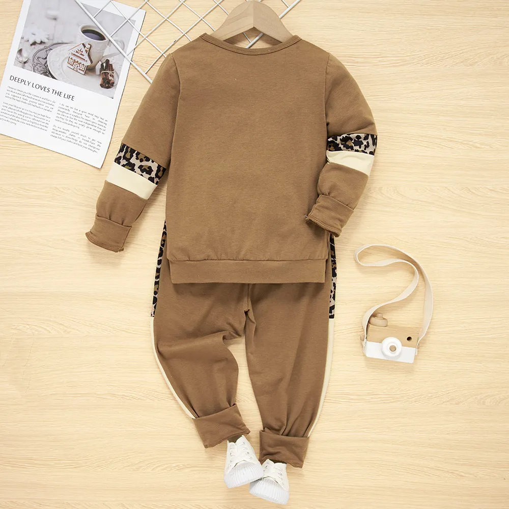 2-piece Baby / Toddler Girl Splice Colorblock Leopard Print Long-sleeve Pullover and Pants Set Khaki big image 1