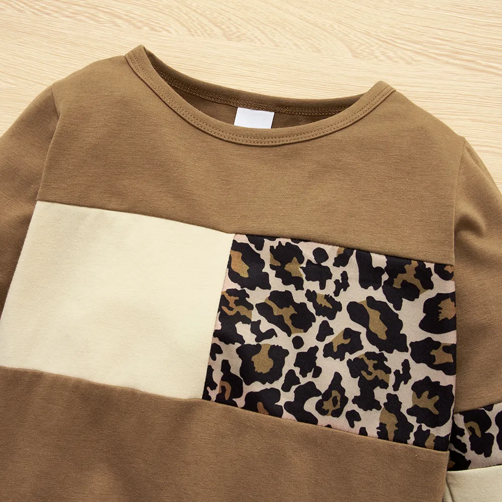 2 Stück Kleinkinder Mädchen Stoffnähte Lässig Leopardenmuster Sweatshirt-Sets khaki big image 1