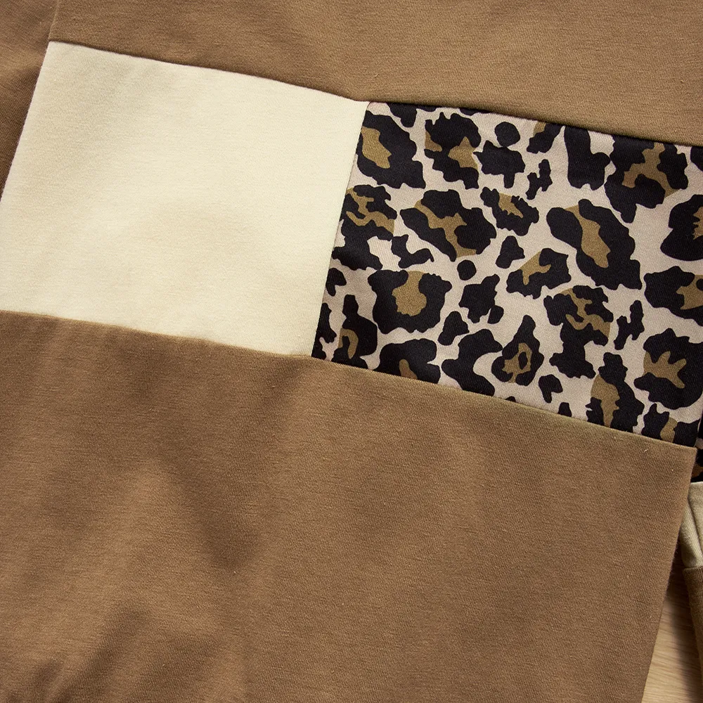 2 unidades Criança Menina Costuras de tecido Casual Padrão de leopardo conjuntos de moletom Cor de Caqui big image 1