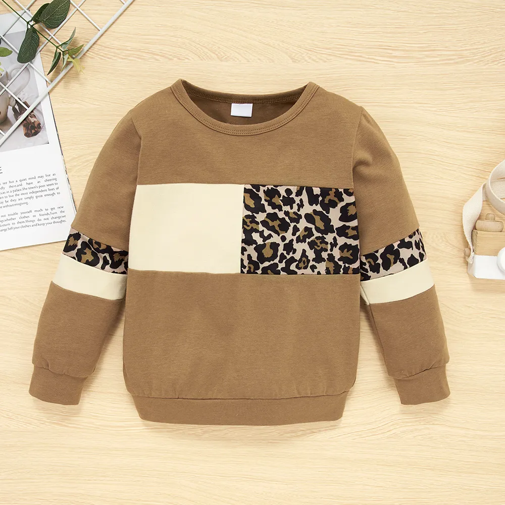 2-piece Baby / Toddler Girl Splice Colorblock Leopard Print Long-sleeve Pullover and Pants Set Khaki big image 1